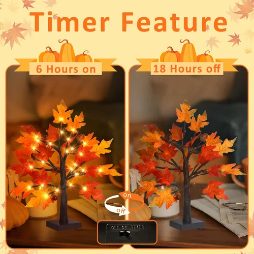 Vista 4 de Árbol de arce de otoño iluminado de 1.5 pies, lámpara de mesa de Acción de Gracias con 36 luces LED, hojas de arce, 6 bellotas, función