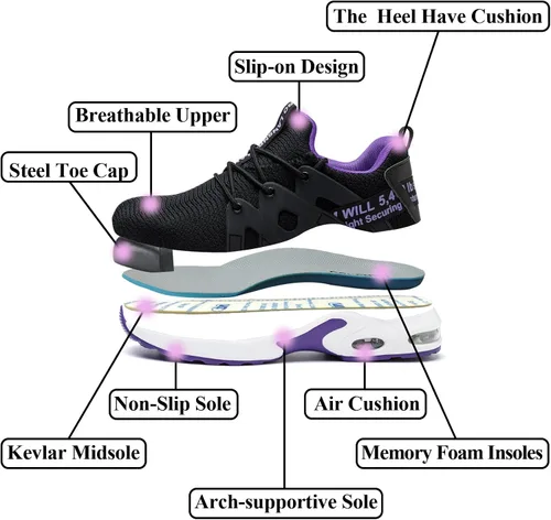Vista 5 de LANSNBO Zapatos de punta de acero para mujer, zapatos de trabajo de seguridad indestructibles, con amortiguación de aire, ligeros, transpirables