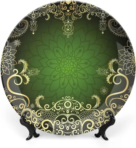 Vista 11 de XISUNYA Plato decorativo de 6 pulgadas, porcelana redonda de mandala dorada, plato de exhibición de estampado floral indio oriental para mesa