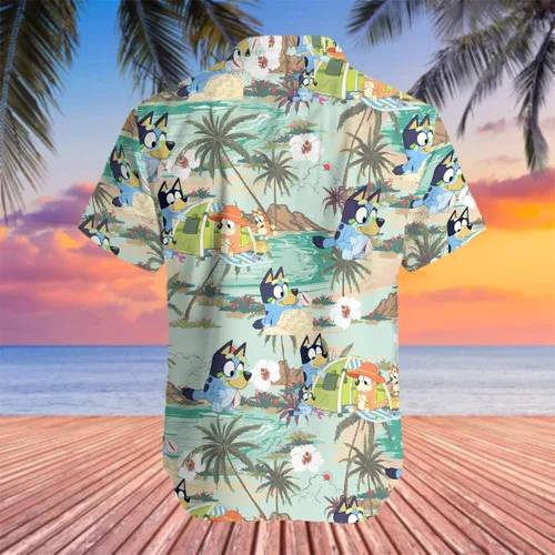 Vista 5 de Blueys - Camisa hawaiana para hombre, diseño de dibujos animados, color azul, para adultos, jóvenes, verano, vacaciones, regalo para él, papá, vida