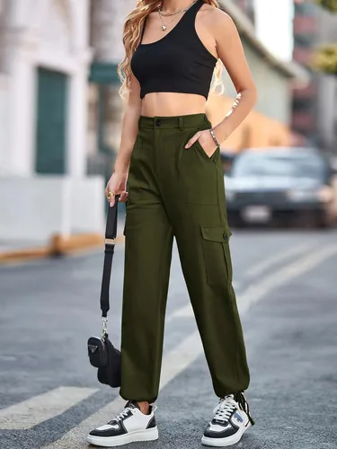 Vista 5 de Ailsi Pantalones tácticos de cintura alta para mujer, estilo casual, estilo cargo, holgados, con bolsillos