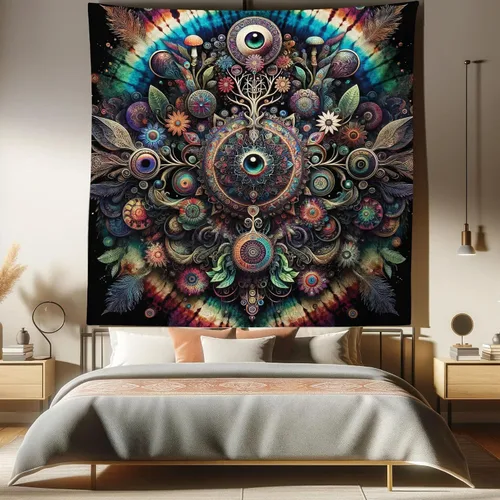 Vista 96 de Ambesonne Tapiz Trippy, vista panorámica de la cascada con bosques de ensueño y mandala oriental psicodélico, decoración de tela para colgar