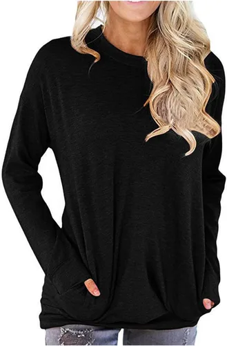 Vista 2 de Blusa casual de manga larga para mujer, color liso, cuello redondo, cómoda, holgada, con bolsillos