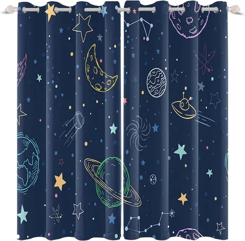 Vista 6 de Cortinas opacas de color azul marino para dormitorio de 84 pulgadas de largo con diseño de universo de dibujos animados, planeta, sala de estar
