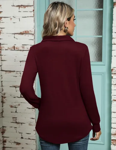 Vista 6 de AKEWEI Sudadera de manga larga con cuello de chal y botones para mujer, sudadera casual con vuelo