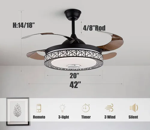 Vista 2 de Fandian Ventilador de techo Bluetooth inteligente moderno de 42 pulgadas con luces de control remoto, lámpara de techo retráctil, 7 luces