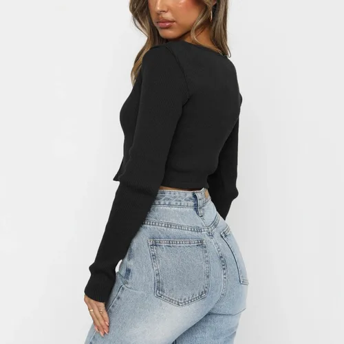Vista 2 de Long Sleeve Crop Tops for Women Boat Neck Slim Full Zip Up Fitted Kintted Plain Fall Tshirts Tee Bottoming Rib Knit Spring