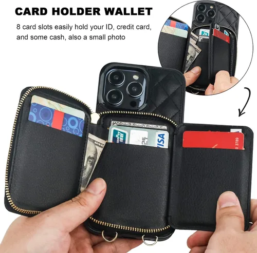 Vista 3 de Bocasal Una elegante funda tipo cartera cruzada para iPhone 14 Pro Max + una funda delgada de cuero para AirPods Pro