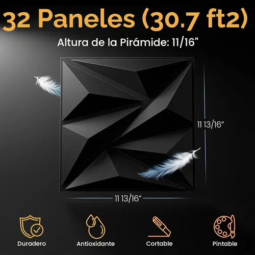 Vista 5 de Sonicism Paneles de Pared Mejorados Paquete de 32, 0.7"x11.8"x11.8" Paneles de Pared 3D Piramidales Corte Creativo, Paneles de Pared de PVC