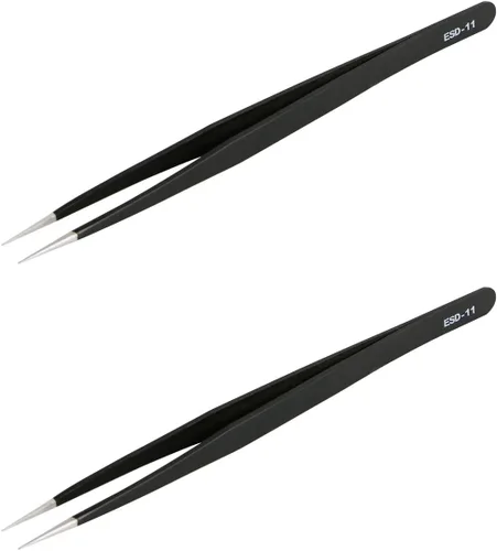Vista 11 de Aoje-Link ESD-10 Pinzas profesionales con tecnología de precisión antiestática, punta recta no magnética, revestimiento de plástico de acero