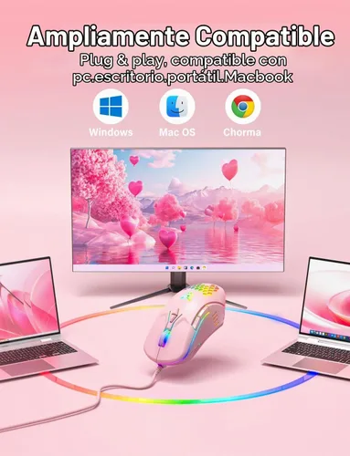 Vista 6 de Ratón con cable USB, ratón de ordenador con iluminación RGB, 4 DPI ajustables, ratón óptico ergonómico de oficina, 7 botones con cable para Rosa