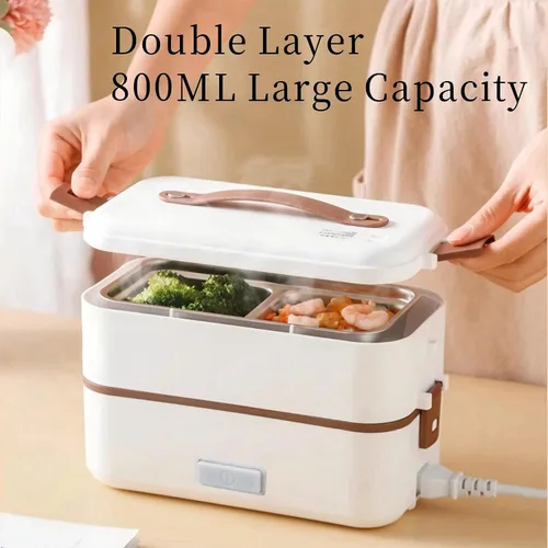 Vista 6 de Zerodis Fiambrera eléctrica, 0.8L PP acero inoxidable doble capa calentador de alimentos con taza medidora, calentador de alimentos portátil
