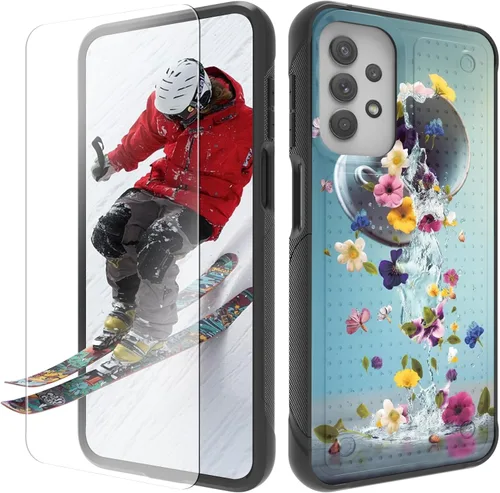 Vista 31 de Funda para Samsung Galaxy A13/A04/A04S/A23/A32 5G con protector de pantalla, parte trasera con textura de policarbonato duro, hermosa flor, diseño