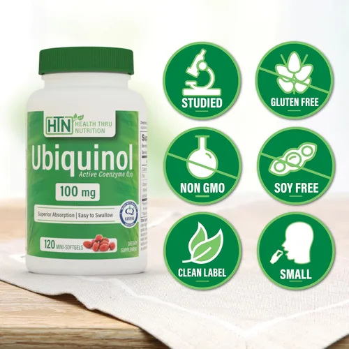 Vista 3 de Health Thru Nutrition Ubiquinol 100 mg 120 mini cápsulas blandas como Kaneka QH reducido CoQ-10 Probado por terceros Biodisponibilidad mejorada
