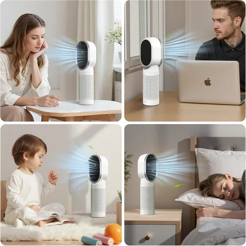 Vista 6 de QUEENTY Purificador de aire de escritorio para oficina con filtro HEPA H13, ionizador, salida cara a cara y soplado de aire oscilante para ayudarte