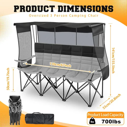 Vista 3 de Teenyyou Silla de camping para 3 personas con toldo – Silla de playa de gran tamaño con protección solar UV, sofá biplaza plegable resistente de 700