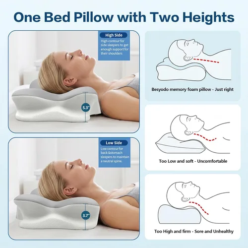 Vista 6 de Almohada cervical para aliviar el dolor de cuello, almohada cervical para dormir, almohadas de espuma viscoelástica para soporte de cuello y Gris