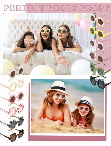 Vista 5 de Kanayu 12 pares de lentes de sol redondos de flores de 5.71 pulgadas para adultos, protección UV, gafas de flores coloridas al aire libre