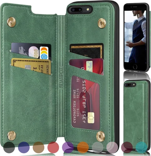 Vista 8 de SUANPOT Funda tipo cartera con bloqueo RFID para iPhone 7 Plus/8 Plus con tarjetero y tarjetero de crédito, funda de piel sintética con tapa