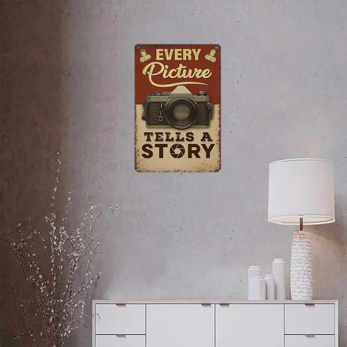 Vista 4 de Póster vintage de metal inspirador para pared, diseño con texto en inglés "Every Picture Tells A Story", letrero de metal para cámara vintage