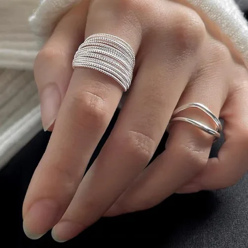 Vista 2 de EXPHAIN Anillo ajustable para mujer, de múltiples capas, único, envolvente, minimalista, a la moda, anillos de plata, joyería, Metal no precioso.