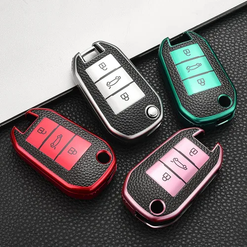 Vista 7 de Funda de cuero TPU con textura para llave de coche con llavero para Peugeot 107 108 207 208 301 508 2008 Citroen C4 C3 C5 Picasso Xsara, funda