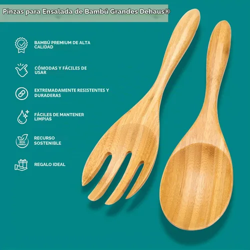Vista 2 de Dehaus Servidores de ensalada de bambú extra grandes de 12 pulgadas - Cucharas de madera para servir ensaladas - Utensilios ecológicos - Manos