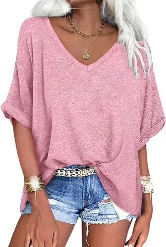 Vista 29 de UNCLECAT Camisetas de gran tamaño con cuello en V para mujer, camisas de manga corta de verano, holgadas, casuales