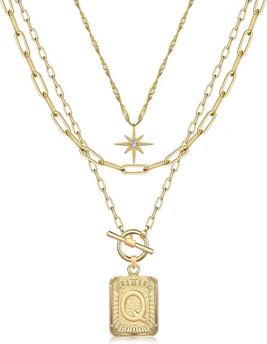 Vista 25 de MJartoria Collares con iniciales en capas para mujer, modernos, chapados en oro de 14 quilates, cadena de papel, collar sencillo con dije de Dorado