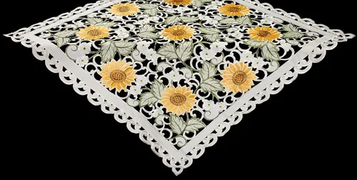Vista 3 de Mantel bordado de girasol y margarita blanca en marfil de tejido abierto, mantel pequeño (cuadrado de 33 pulgadas)