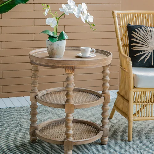 Vista 7 de 3-Tier Round Side Table Small End Tables Nightstand Wood & Rattan Brown 23.5 Brown