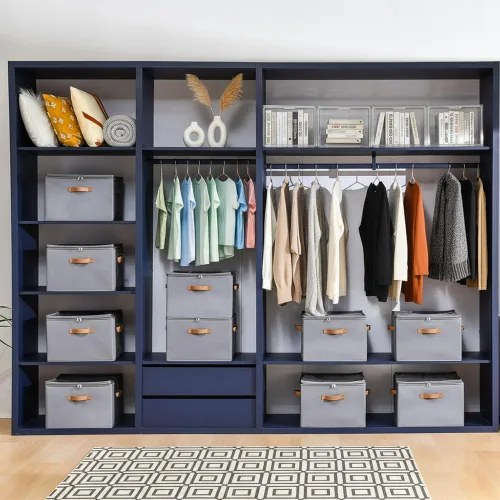 Vista 5 de Caja organizadora de zapatos plegable para armario y debajo de la cama, divisores ajustables, capacidad para hasta 16 pares, apilable, gris