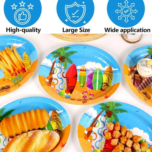 Vista 3 de Qyeahkj 50 piezas de platos de papel ovalados de surf de verano grandes de 11" para decoración de fiesta temática de playa desechable suministros