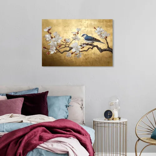 Vista 4 de Wynwood Studio Arte en lienzo envuelto contemporáneo floral y botánico, flor de rama con pájaro, arte de pared para sala de estar, dormitorio
