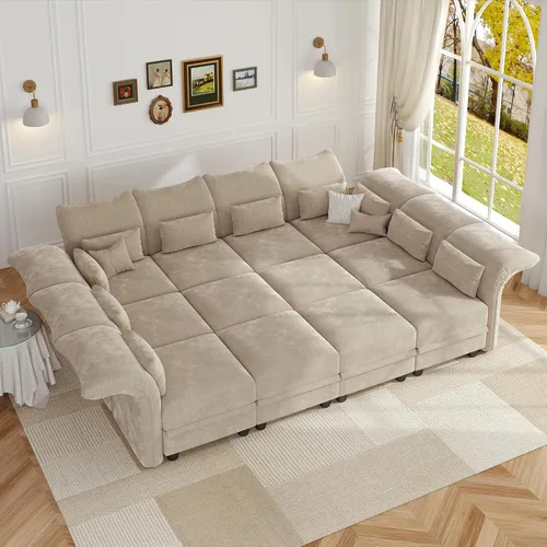 Vista 43 de LLappuil Sofá seccional beige con almacenamiento, sofás modulares de pana para sala de estar con apoyabrazos ajustables, cojines de felpa gruesos, 6
