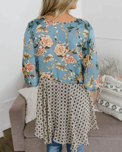 Vista 3 de Kimono Floral para mujeres estilo cárdigan, manga 34 con Volantes Ligero, Patchwork Flowy Boho Tie Loose Cover Ups