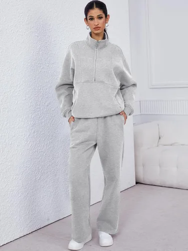 Vista 6 de ANRABESS Conjunto de 2 piezas para mujer, sudadera de gran tamaño con media cremallera a juego, pantalón de pierna ancha, conjunto de ropa