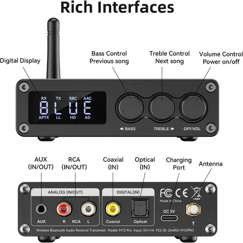 Vista 2 de M12 Pro Pre Bluetooth 5.2 Transmisor Receptor para TV, estéreo doméstico, auriculares BT, adaptador de decodificador de audio Bluetooth HD de baja