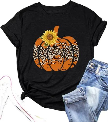 Vista 11 de Woffccrd - Camisetas divertidas con estampado de calabaza y leopardo para mujer, camisetas gráficas de manga corta de Halloween para mujer
