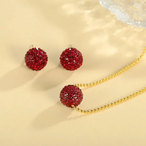 Vista 2 de FAMARINE Juego de collar y aretes de circonita cúbica roja, chapado en oro de 14 quilates, juego de joyería para mujer, Cobre, Ágata