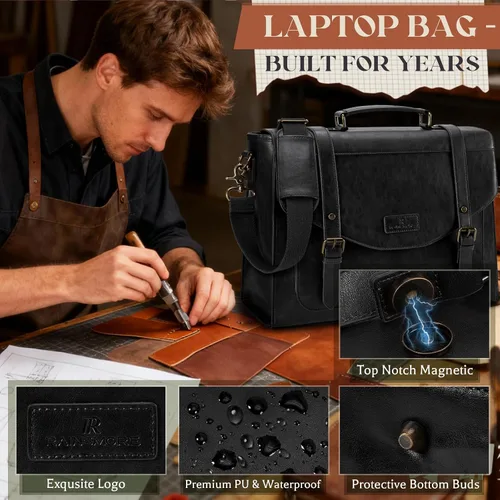 Vista 3 de RAINSMORE Bolso bandolera con solapa para hombre, de piel sintética vintage, estilo retro, de 15.6 pulgadas, con cartera, para laptop