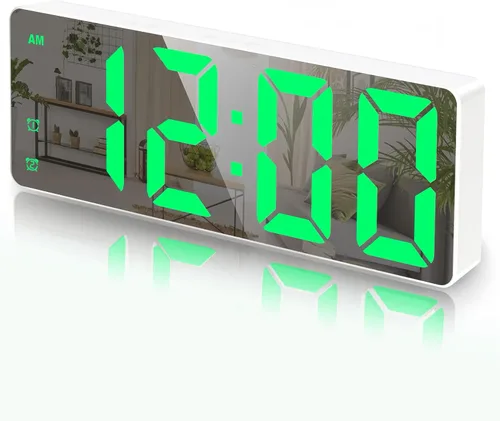 Vista 10 de Reloj Despertador Digital Pequeño, Relojes Electrónicos LED de Superficie Espejada con Pantalla Grande, Brillo Ajustable y Función de Repetición
