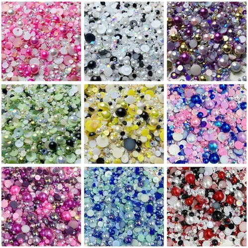 Vista 4 de Diamantes de imitación de resina mixta de 3.53 oz con parte trasera plana, perlas semicirculares, tamaños mixtos de 0.116 a 0.394 pulgadas