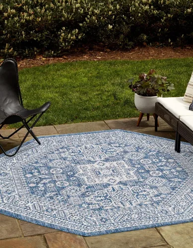 Vista 33 de Unique Loom Outdoor Aztec Collection Alfombra de área, Chalca (5 pies 3 pulgadas, octágono, aguamarina/marfil)