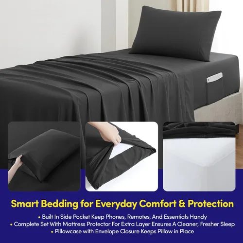 Vista 3 de Juego de Edredón Tamaño Twin con Rayas Acolchadas - Conjunto Elegante con Edredón, Protector de Colchón, Juego de Sábanas y Fundas de Almohada