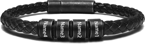 Vista 23 de Pulsera personalizada para hombre con cuentas de nombre personalizadas, pulsera de cuero trenzado personalizada grabada con 2-6 nombres