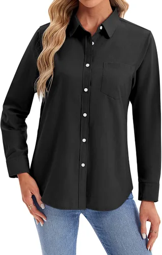 Vista 6 de siliteelon Camisas con botones para mujer, camisa Oxford de algodón, camisa de vestir de manga larga, blusas de trabajo con bolsillo