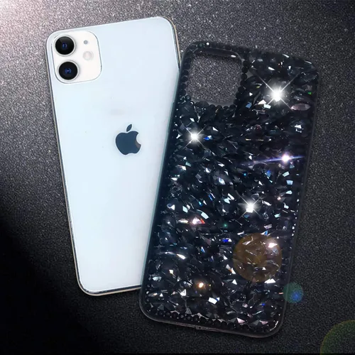 Vista 7 de Funda de lujo con pedrería para iPhone 15, funda de teléfono con purpurina 3D brillante y diamantes, color negro