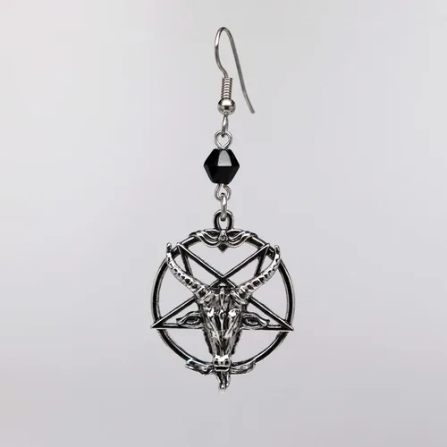 Vista 5 de Baphomet - Pendientes colgantes con diseño de cabeza de cabra invertida, acabado plateado, Peltre, acero quirúrgico
