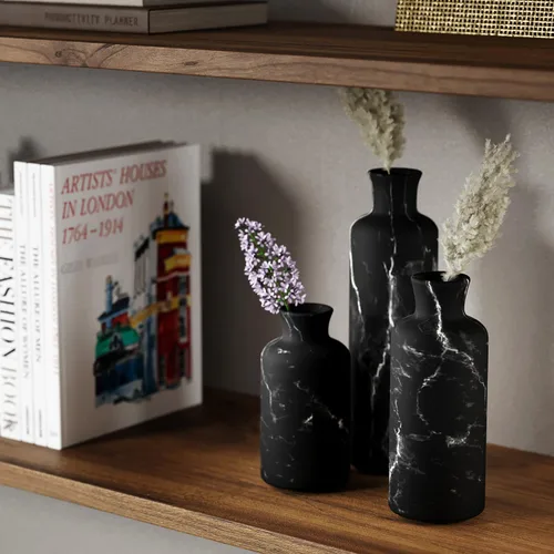 Vista 4 de Creative Scents Juego de jarrones con aspecto de mármol negro, jarrones para decoración del hogar, calidad premium para sostener hierba de pampa